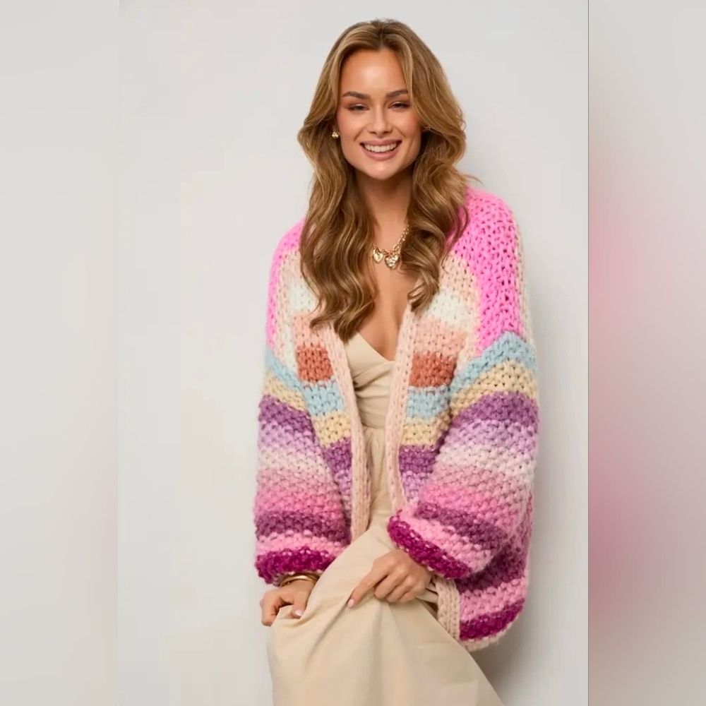 Anthropologie Mayflower Chunky Crochet Cardigan In Pink Pastel One Size NIP$250